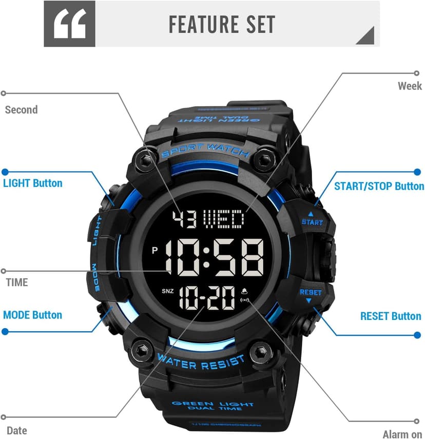 FANMIS Men's Digital 50M Waterproof Electronic Sport Watch Rubber Band Army Military 24H Time LED Light 164FT Water Resistant Calendar Date Day Watches