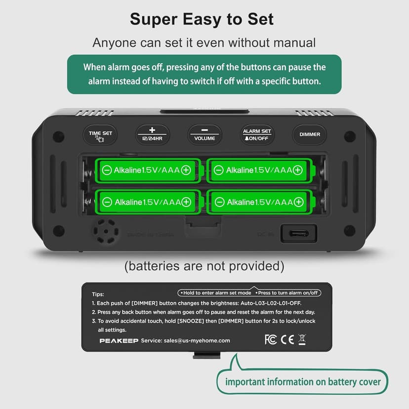 Peakeep Small Battery Powered Digital Alarm Clocks for Bedrooms Bedside, Cordless Tiny Travel Portable Desk Clock, Large Numbers Auto Dimmable, LED Display 4 Dimmers, 5 Alarm Volumes