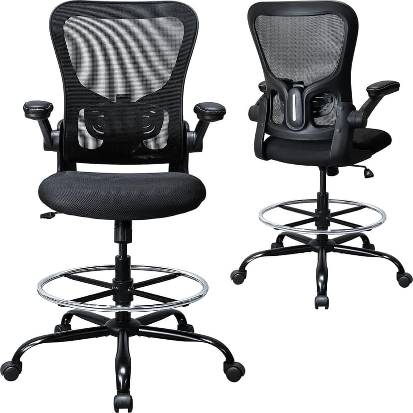 Drafting Chair, Ergonomic Tall Office Chair for Standing Desk, Counter Height Desk Chair with Adjustable Padded Armrests and Footrest Ring Standing Desk Chair Adjustable Height with Lumbar Support