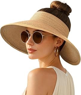 Rosoz Women's Sun Visor Hats Wide Brim Straw Beach Hat Ponytail Hats for Women Foldable Floppy