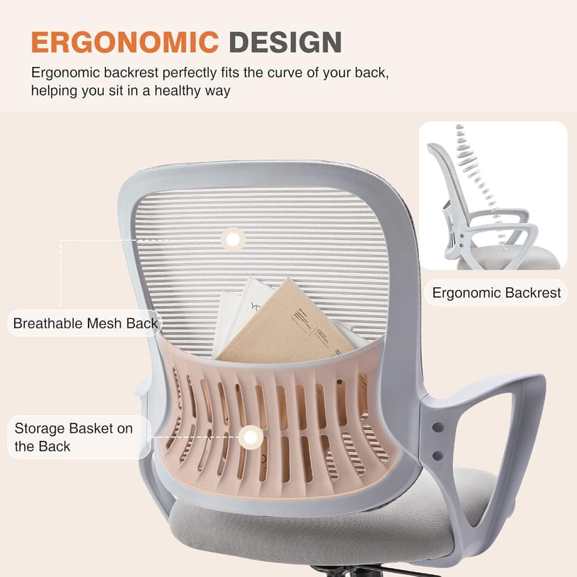 Sweetcrispy Ergonomic Mid-Back Mesh Home Office Desk Chair with Wheels, Managerial Executive Chair with Lumbar Support, and Comfortable Armrests for Home, Bedroom, Study, Office, Grey