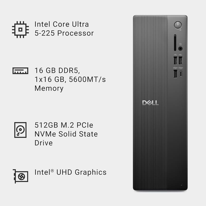 Dell Slim Desktop ECS1250 - Intel Core Ultra 5-225 Processor, Intel UHD Graphics, 16GB Memory, 512GB M.2 SSD, 3.0 SD Card Reader, Dell Wired Keyboard and Mouse, Windows 11 Home, Onsite+Migrate Service