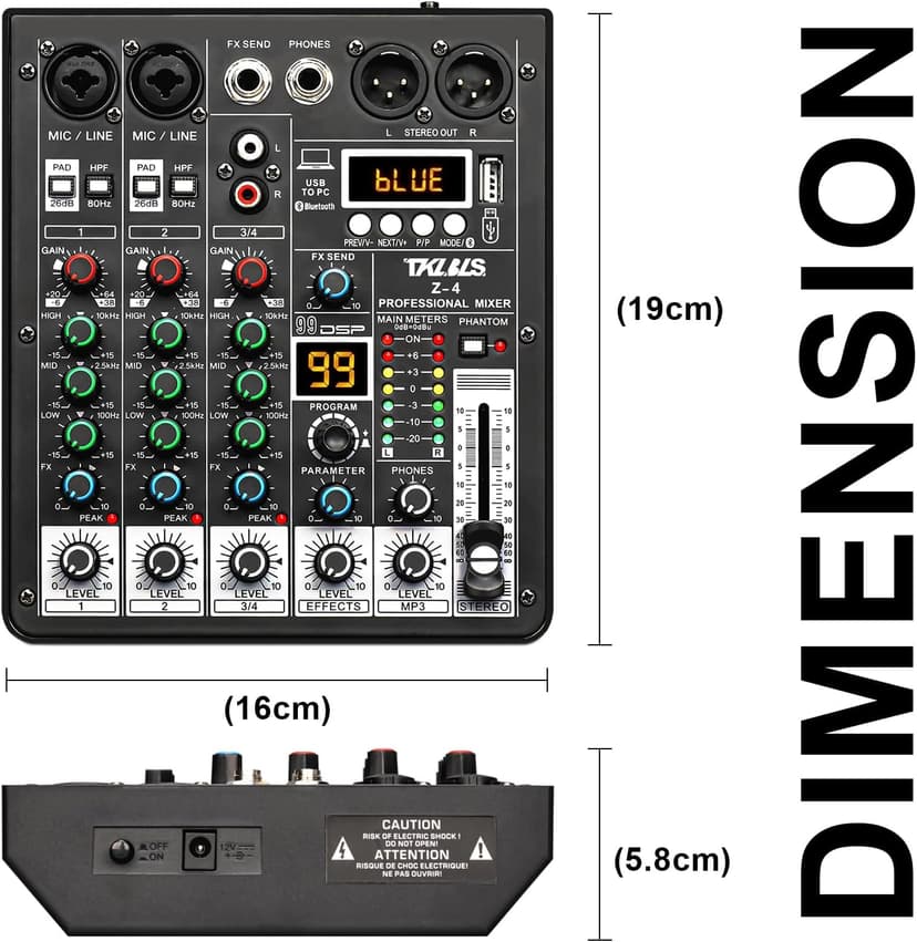 TKLBLS 4 Channel Audio Mixer, Professional DJ Mixer Sound Board Mixing Console with 99-Bit DSP Effect, Bluetooth USB Interface Stereo Mixer Board with 48V Phantom Power For Recording Live Stream