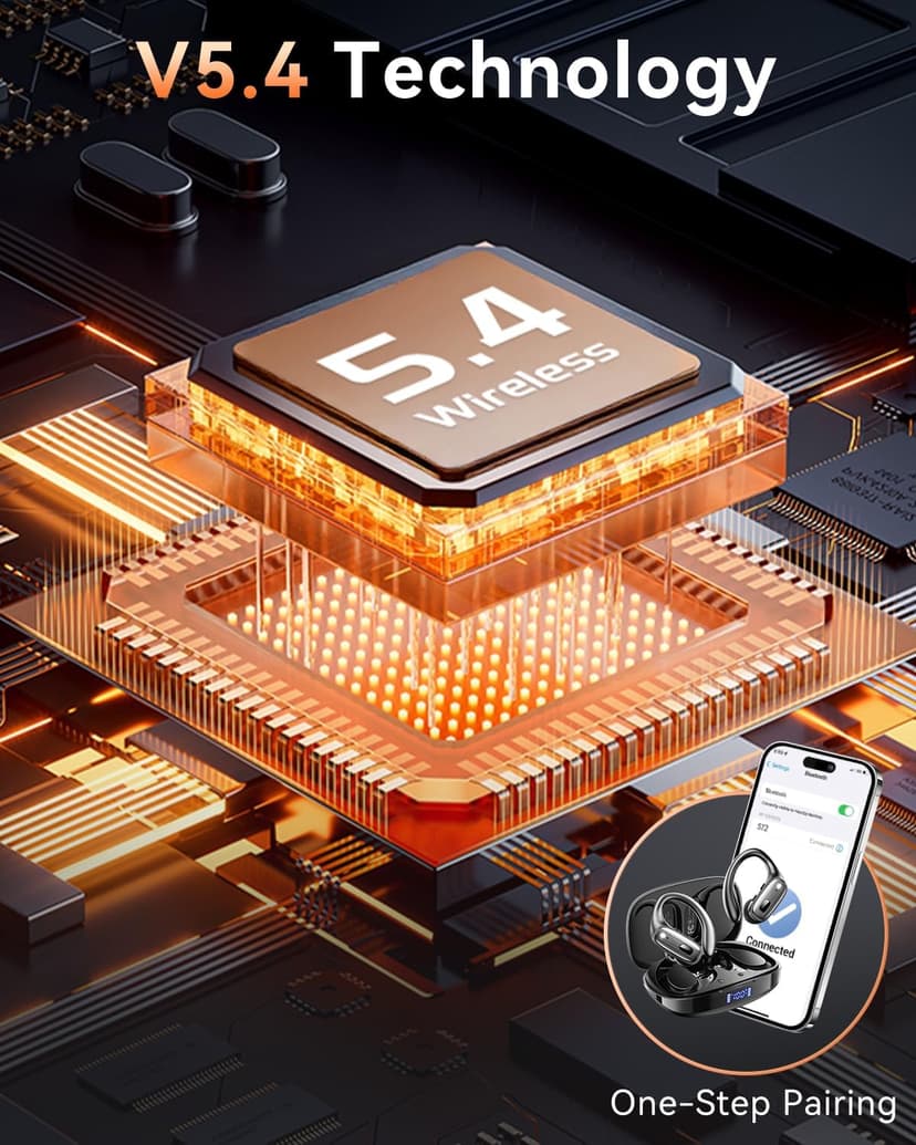 LEEMC Wireless Earbuds, Bluetooth Headphones 5.4, Ear Buds with Hooks for Sports, 80Hr Playtime Earphones, LED Display, IPX7 Waterproof Headset for Workout Running, Black