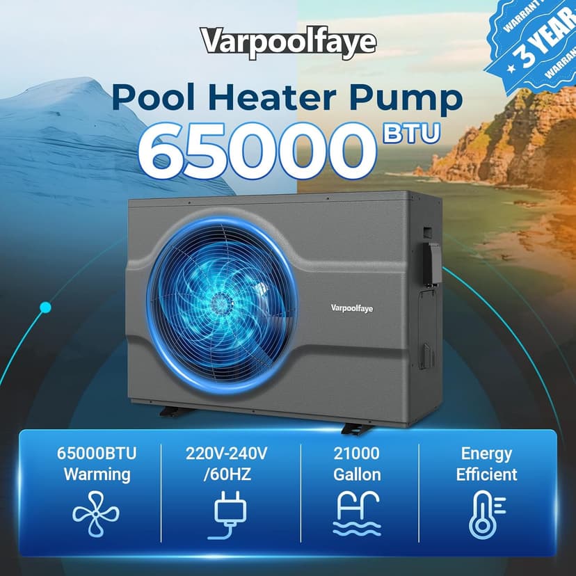 65,000 BTU Inverter Swimming Pool Heat Pump for In Ground Pools 21,000 Gallons Electric Pool Heater for Above Ground Pool Heating Cooling WiFi Control 220v