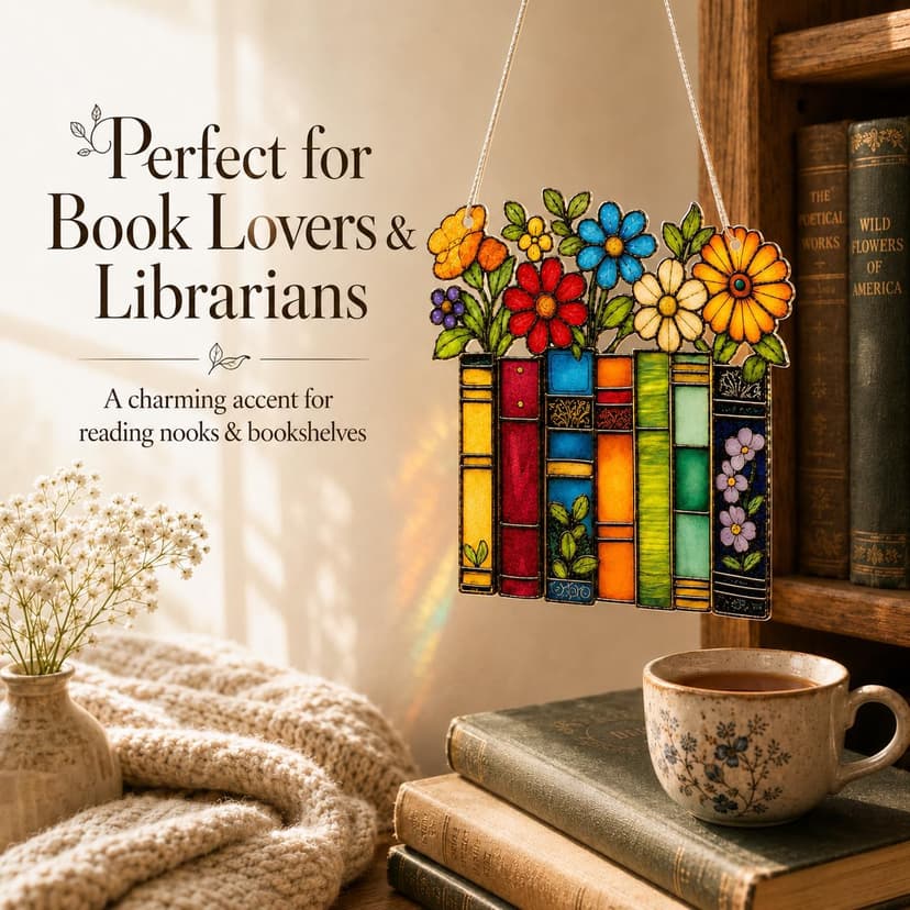 Book Lovers Gifts for Women, Book Ornament Faux Stained Glass Window Hanging, Bookish Gifts for Teacher, Librarian, Reader, Bookworm, Christmas Stocking Stuffer Tree Decorations (Floral Shelf)
