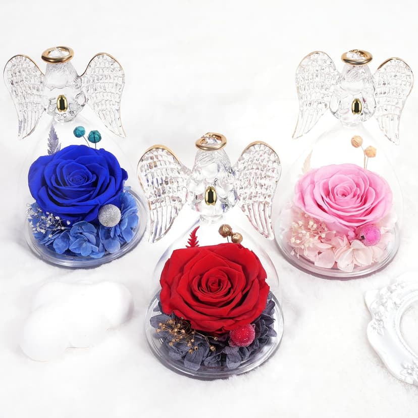 Miofula Preserved Flower Rose Birthday Gifts for Mom, Angel Figurines with Forever Real Rose Gifts for Her Mom Grandma, Unique Angels Gifts for Mothers Day Christmas Anniversary Birthday (Red)