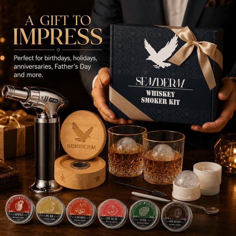 Bourbon Whiskey Smoker Kit with Torch - Old Fashioned Cocktail Smoker Kit with 2 Whiskey Glasses, 6 Wood Chips - Valentines Anniversary Birthday Gifts for Men Dad Husband Boyfriend (No Butane) B0F4N3FSH4