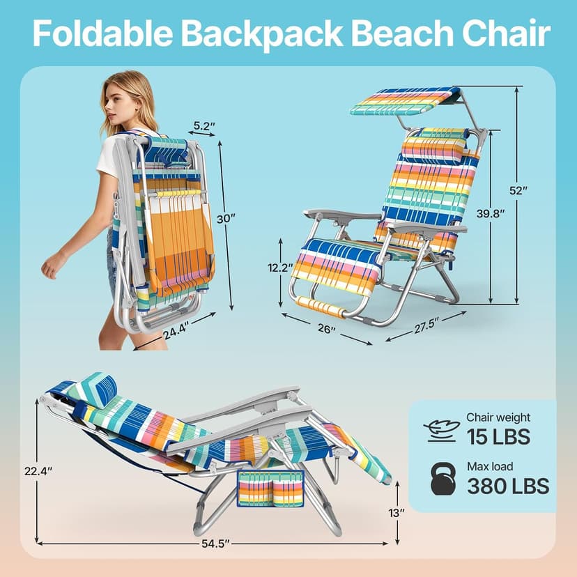 Suteck Zero Gravity Beach Chair with Canopy, Backpack Beach Chairs for Adults, Lightweight Adjustable Reclining Beach Chair with Shade, Folding Lay Flat Chair for Beach Poolside Outdoor