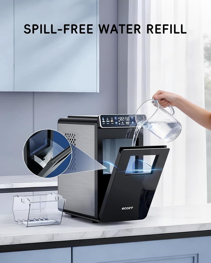 ecozy Ice Makers Countertop, Ultra Slim Design with Full-Color Panel, Internal Lights, 26 lbs/24H, Timer Ice Making, Two Ice Sizes, Portable Self-Cleaning Ice Machine for Home/Kitchen/RV