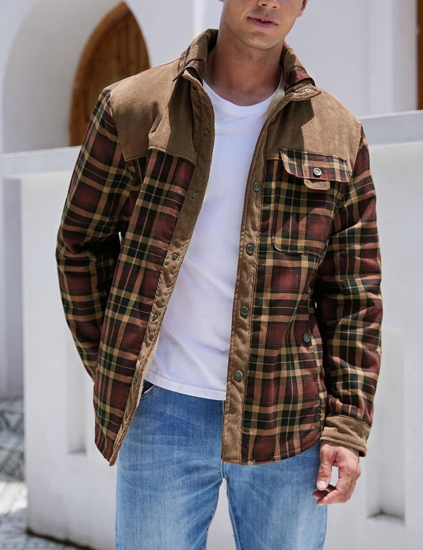 Gihuo Men's Long Sleeve Sherpa Lined Shirts Outdoor Warm Flannel Plaid Jacket Button Down Fleece Coats B0D8J55BZW