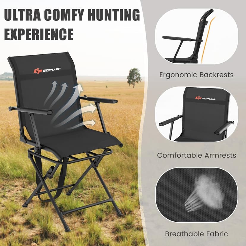 Goplus Hunting Chair, 360° Swivel Folding Hunting Blind Chair with Carrying Strap, 330LBS Capacity, Portable Deer Hunting Stool, Silent Ground Dove Hunting Chair, No Assembly