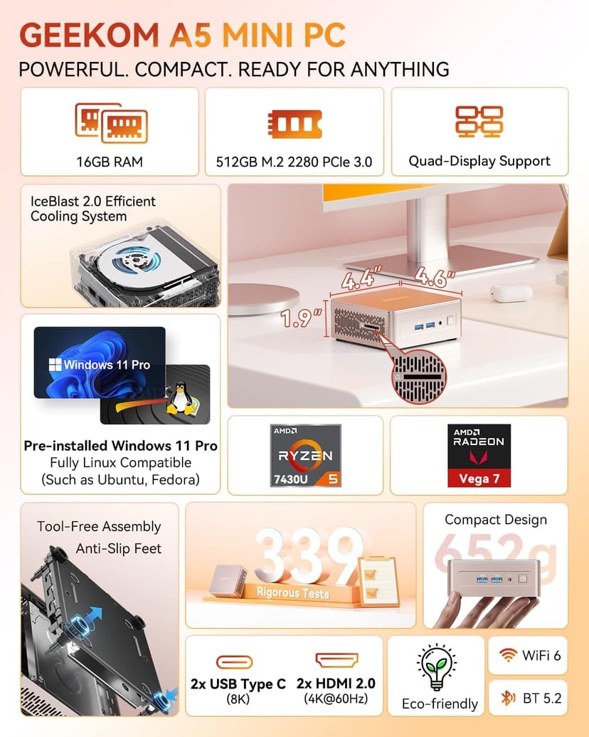 GEEKOM A5 Mini PC with AMD Ryzen 5 7430U, 3-Year Coverage, 16GB RAM(Upgradable, Not LPDDR)&512GB M.2 NVMe SSD, Windows 11 Pro Desktop Computer Support 8K/Wi-Fi 6/BT 5.2/USB 3.2/SD Slot/6x USB