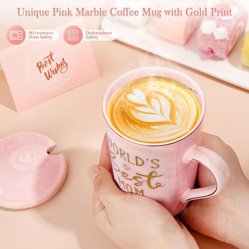 Unique Marble Gold Print Coffee Cup with Lid, Spoon, Greeting Card, Happy Moms Mothers Day Gifts Idea, Luxury Gift Boxed Set Birthday Gifts for Mom from Daughter Son, 14oz Funny Best Mom Mug, Pink B09Z7KFN1Y