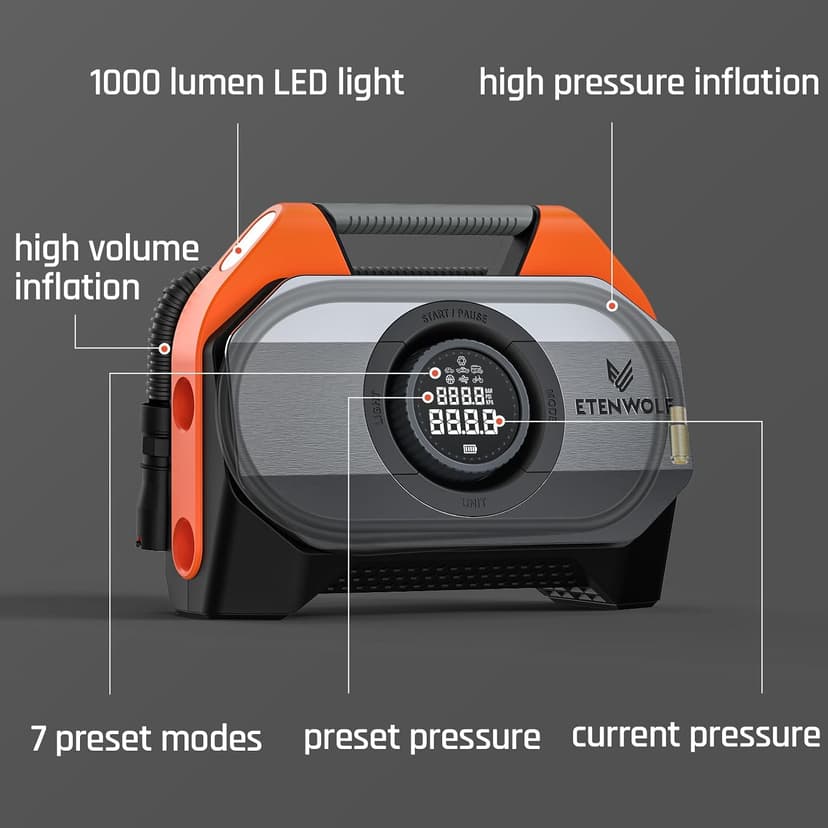 with 19200mAh for Heavy duty Vehicle, Car & Inflatables, 100% Duty Cycle & Dual Cylinder, Bike Pump with LED Backlight,Orange ETENWOLF VORTEX S6 Tire Inflator Portable Air Compressor, Cordless Air Pump B0CGLTPKBZ