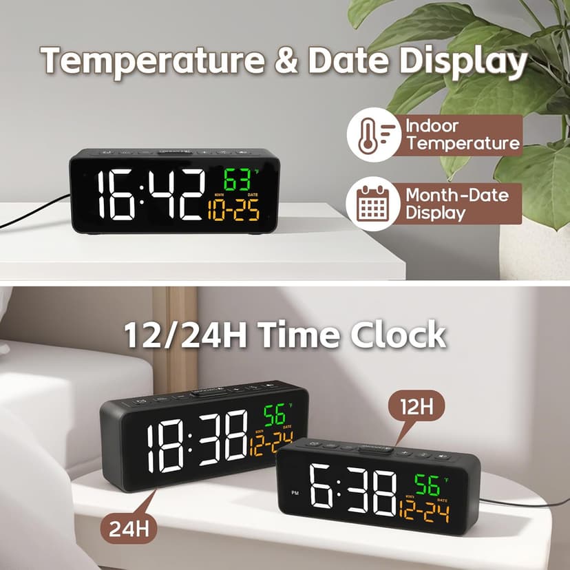 Netzu 3-in-1 Digital Clocks for Living Room with Temperature, Date & Time Display - 4 Levels Birghtness, 3 Volumes, Small & Compact Plug-in Alarm Clock for Bedroom, Office (Black)