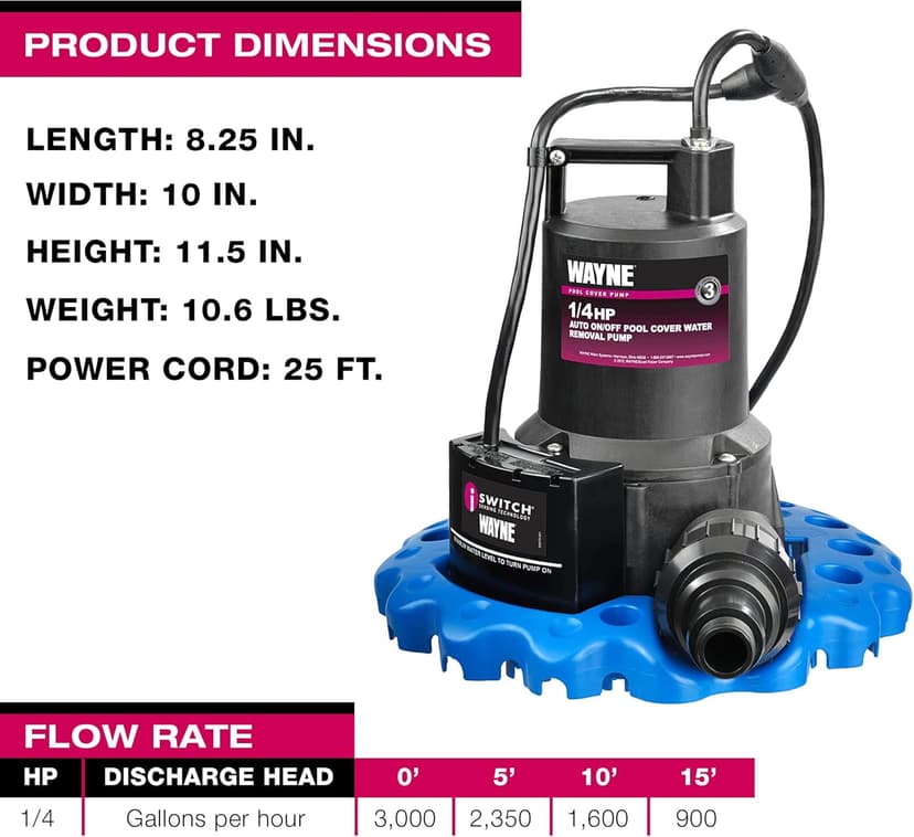 WAYNE WAPC250-1/4 HP Reinforced Thermoplastic Pool Cover Pump - Up to 3,000 Gallons Per Hour - Automatic On/Off Water Removal Pool Cover Pump