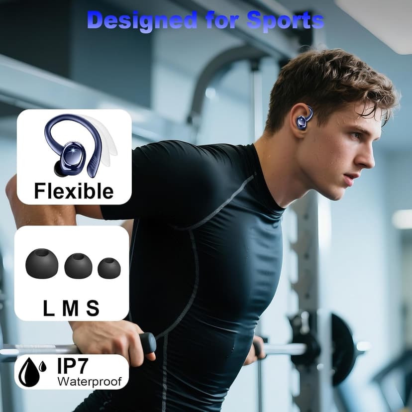 Hupoaf Wireless Earbuds Sport, New Bluetooth 5.4 Headphones with Earhooks, 50H Stereo Deep Bass Over Ear Buds with 4 ENC Noise Canceling Mics, IP7 Waterproof Earphones for Running Workout Gym -Blue