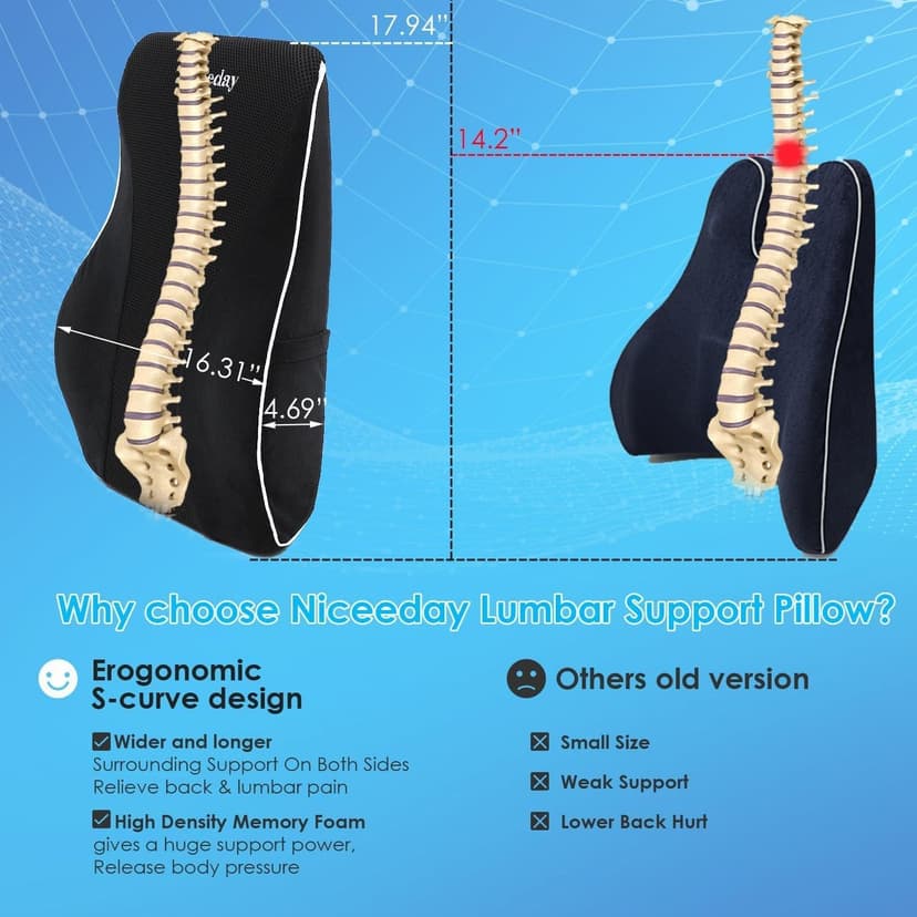 Niceeday Lumbar Support Pillow for Office Chair Car Back Support Pillow, Memory Foam Gaming Chair Desk Chair Back Cushion for Lower Back Pain Relief, Ergonomic Back Rest,Office Home Essentials
