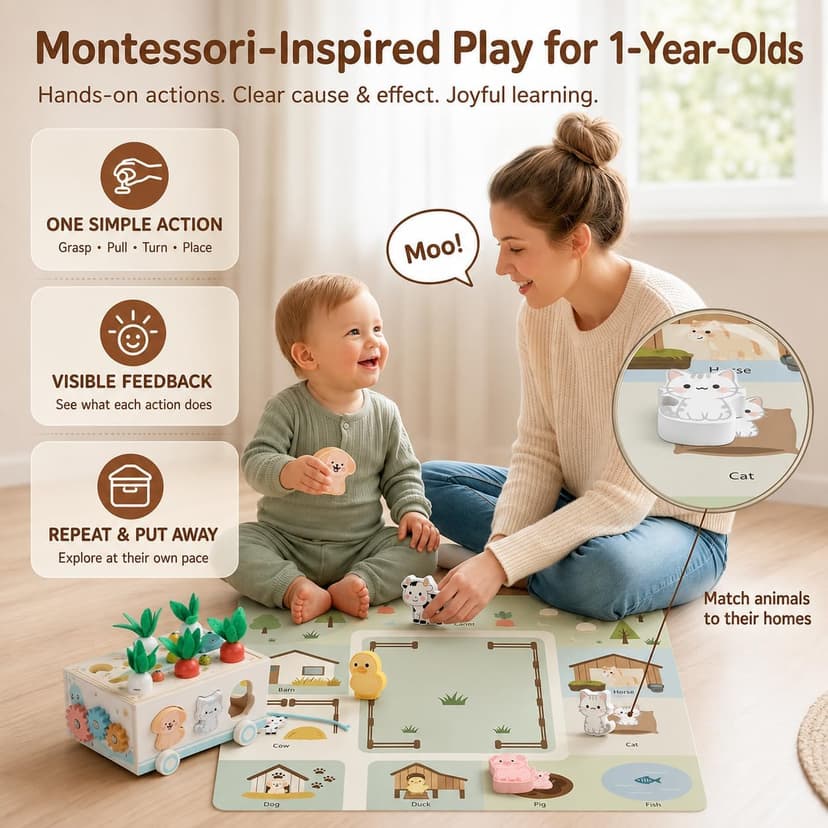 with Fishing Game, Pull-Along Storage Cart, Gears & Play Mat for Fine Motor Play First Birthday Gift for Boys & Girls Ages 1+ Fajiabao Wooden Montessori Toys for 1 Year Old, 7-in-1 Farm Activity Toy B0GL66PD6W