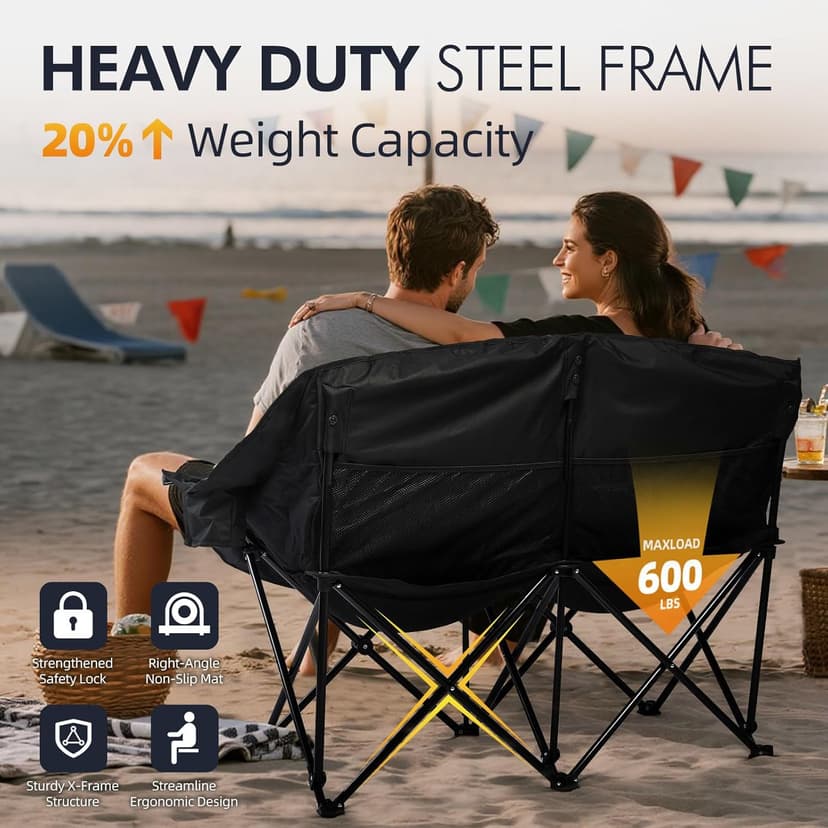 Double Camping Chair Loveseat - 2 Person Oversized Camping Couch for Adults Padded Heavy Duty Outdoor Lawn Beach Portable Folding Chairs with Cup Holders and Carry Bag Support 600lbs, Black/Grey