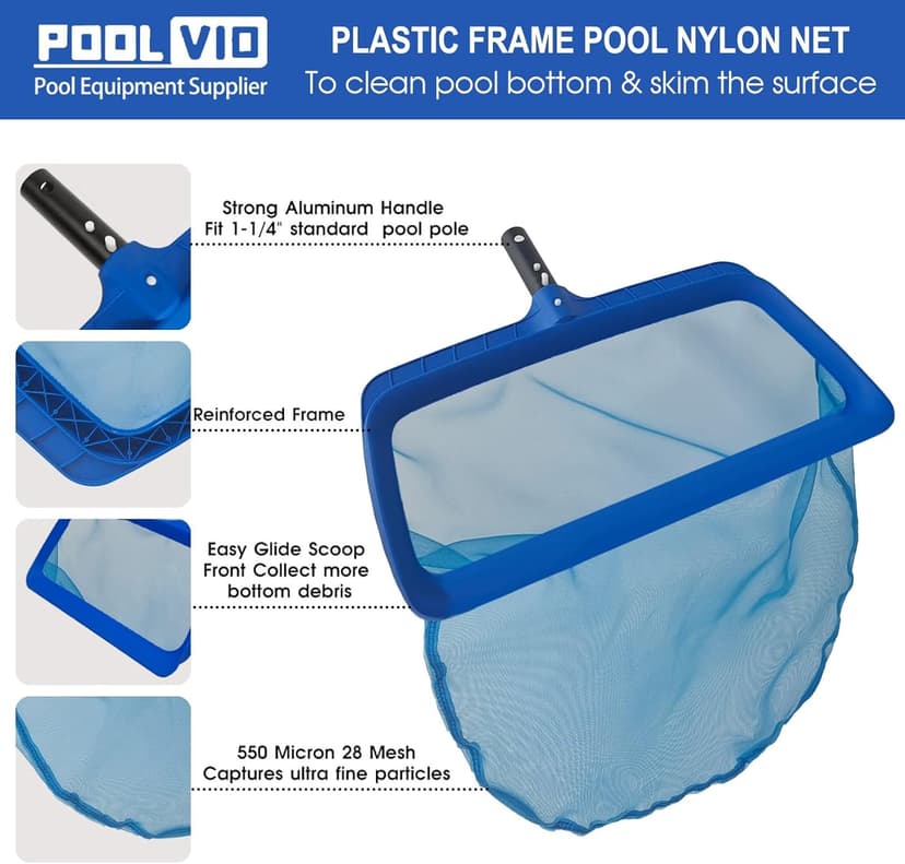 Poolvio Professional Pool Net, Upgraded Self-Repair Heavy Duty Nylon Mesh, Pool Skimmer Net with Extra Wide Scoop Edge, Pool Nets for Cleaning Leaves, Debris(No Pole)