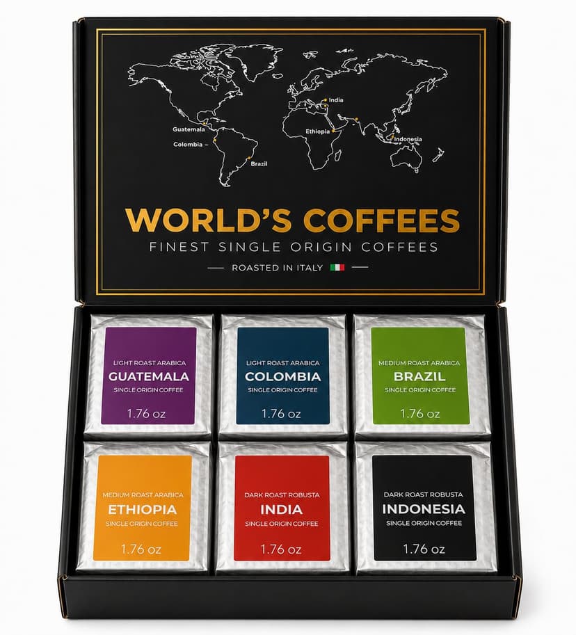 UNIQBITE World Coffees Gift Set, Six Single Origin Ground Coffee Variety Pack, Coffee Sampler from Around the World, Light, Medium & Dark Roasts, Roasted in Italy, 10.58 oz (300g) B0H3XNK2G3