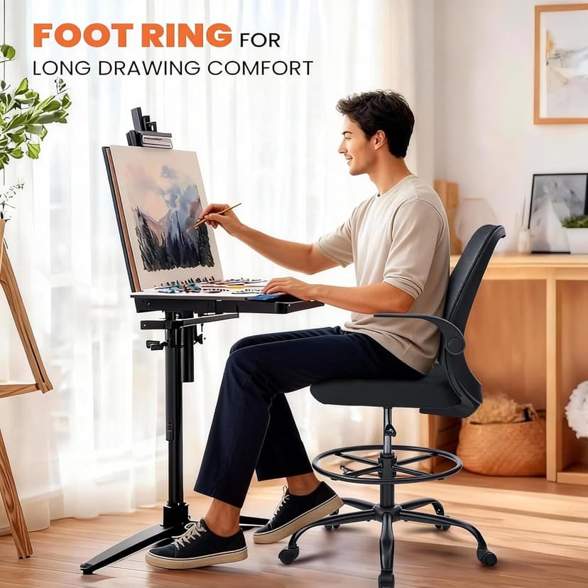 Drafting Chair for Standing Desks, 500LBS Capacity Tall Office Chair with Adjustable Height, Foot Ring, Flip-Up Armrests, Thick Curved Seat for Home Office, Drawing, and Creative Work