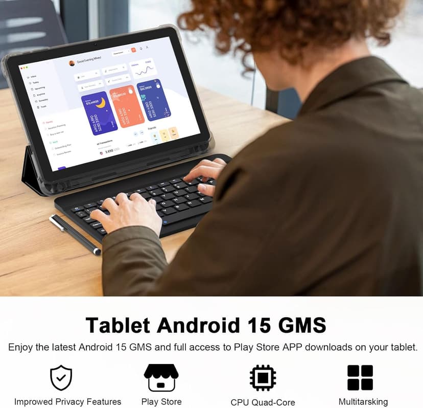 CUPEISI Android 15 Tablet 10 Inch, 20GB RAM+128GB ROM/2TB Expandable, 2.0GHz Quad-core Processor, 1280*800 HD Screen, 5G WiFi6 BT 5.0, 2 in 1 Tablets with Keyboard Case Mouse Stylus, Widevine L1 Black