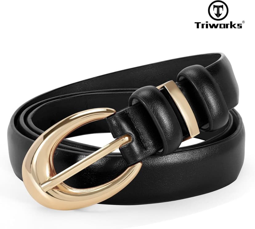 TRIWORKS 2 Pack Women Leather Belt for Jeans Pants Fashion Ladies Skinny Faux Leather Belt with Gold Buckle
