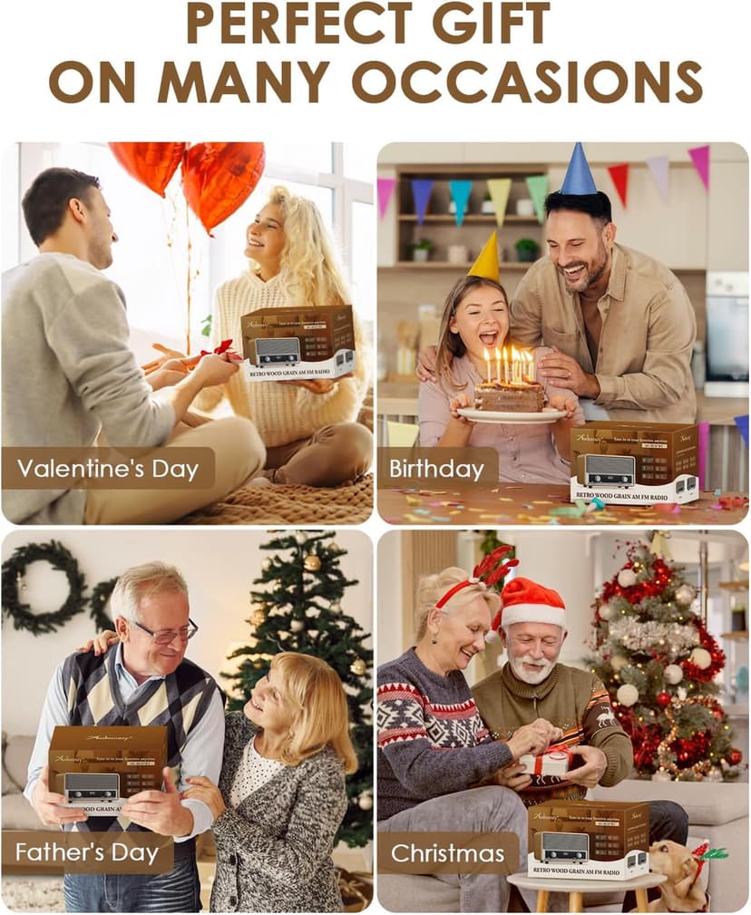 Vintage Wood AM FM Bluetooth Radio with Clock, Digital Clock Radio for Bedroom with LCD Display | 40 Presets | Sleep Timer | No Alarm, Retro Bluetooth Speaker for Office, Kitchen (Wood)