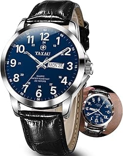 Taxau Men's Watches Leather Band Stainless Steel Quartz Analog Watch Luxury Waterproof Watches for Men Dress Men's Wrist Watch with Day Date Arabic Numeral Relojes para Hombre