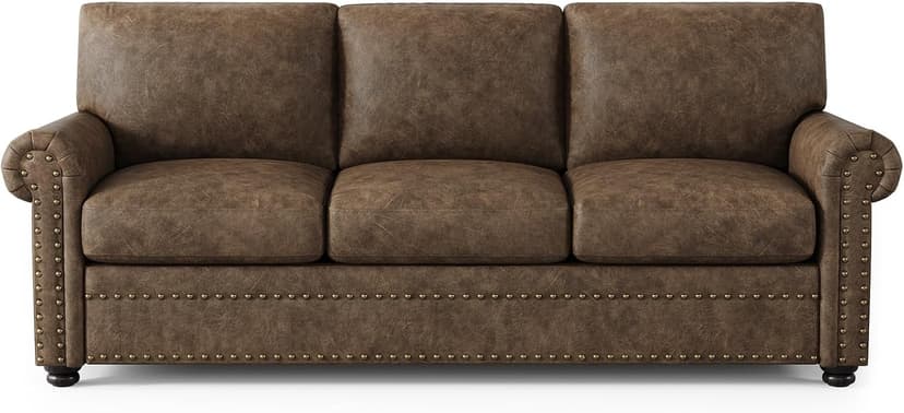 ONBRILL Faux Leather Sofa, 84 Inches Nailhead Trim Couch for Living Room, Mid-Century Modern Deep Seat Sofa with Rolled Arms, Classic 3 Seater Couch for Apartment, Office, Brown
