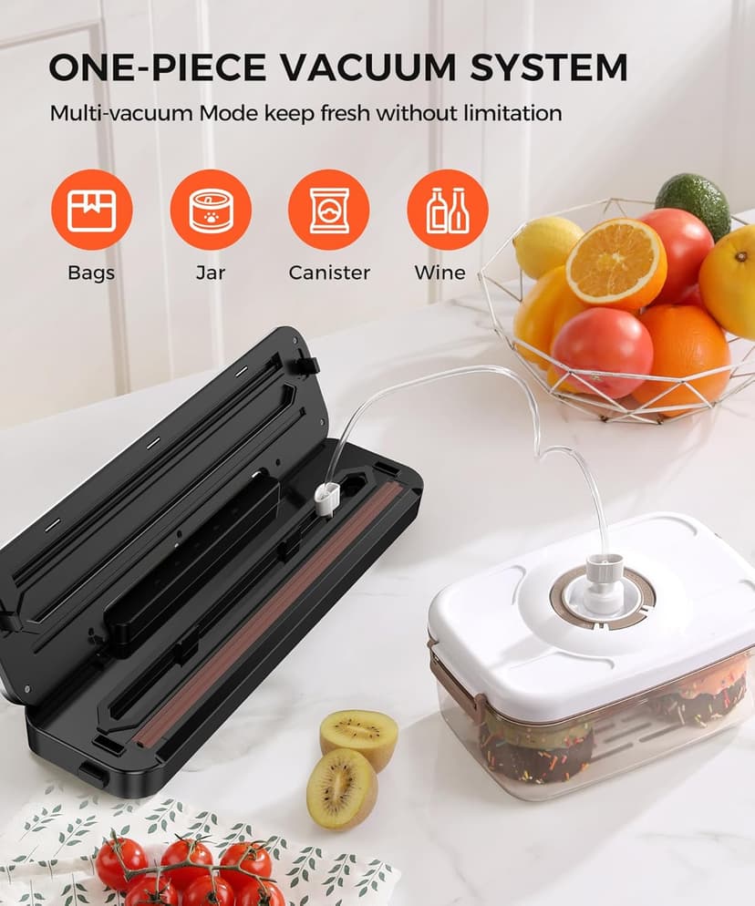 Vacuum Sealer Machine 75KPa Food with 6-in-1 Dry/Moist Modes & Digital Timer, Compact Lightweight Design, Built-in Cutter + 10 Bags (Black Silver)