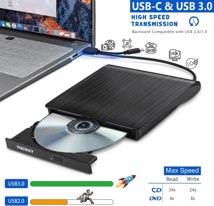 Haiway External DVD Drive, USB 3.0 Type-C CD Burner Portable CD DVD +/-RW Optical Drive Slim CD DVD ROM Rewriter CD/DVD Player Writer Reader for Laptop Desktop MacBook PC Windows Linux Mac OS (Black)