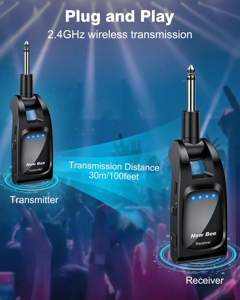 Wireless Guitar System 2.4 GHz with 6 Channels Rechargeable Audio Wireless Guitar Transmitter Receiver for Bass Electric Instruments