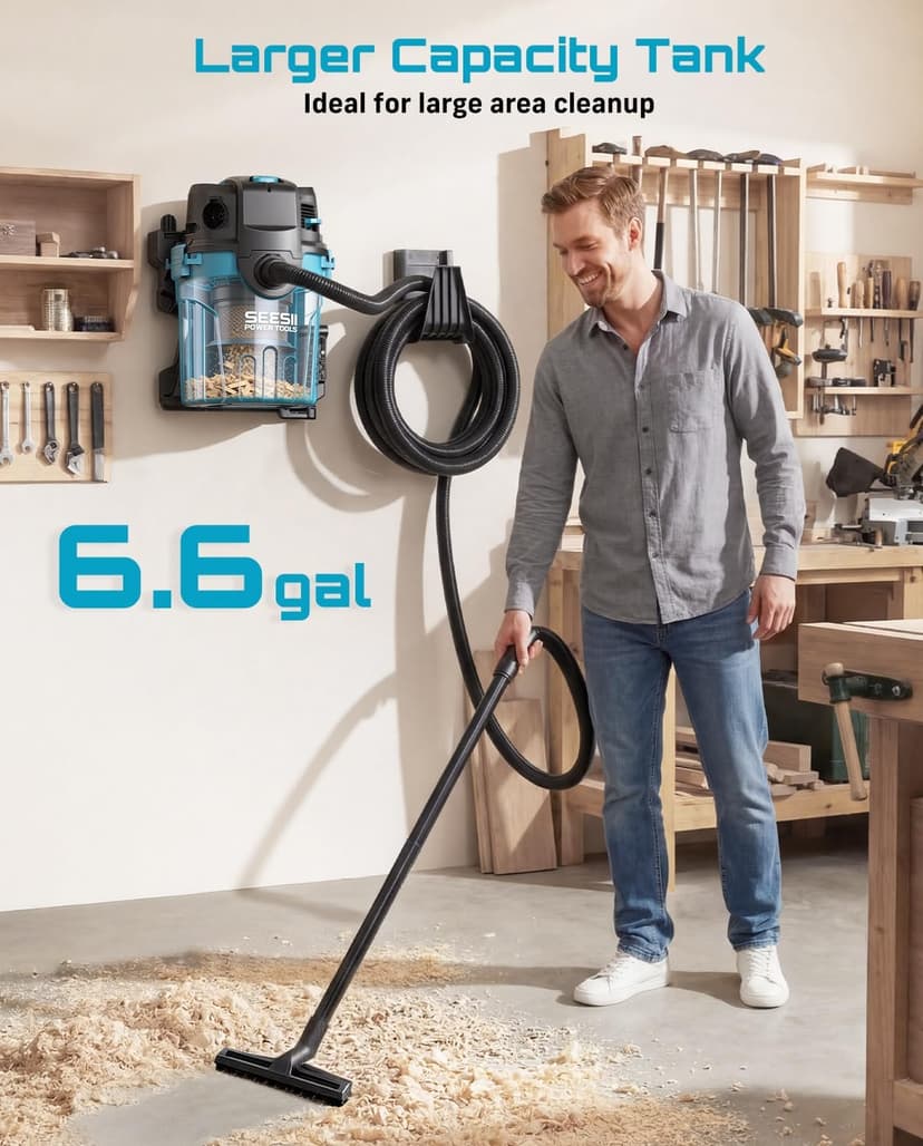 Seesii Garage Vacuum Wall Mounted Shop Vac, 6.6 Gallon 5.5 Peak HP Shop Vacuum Wet and Dry with 30Ft Flexible Hose, Attachments, Storage Bag, Cartridge Filter Ideal for Garage, Car, Workshop, Home