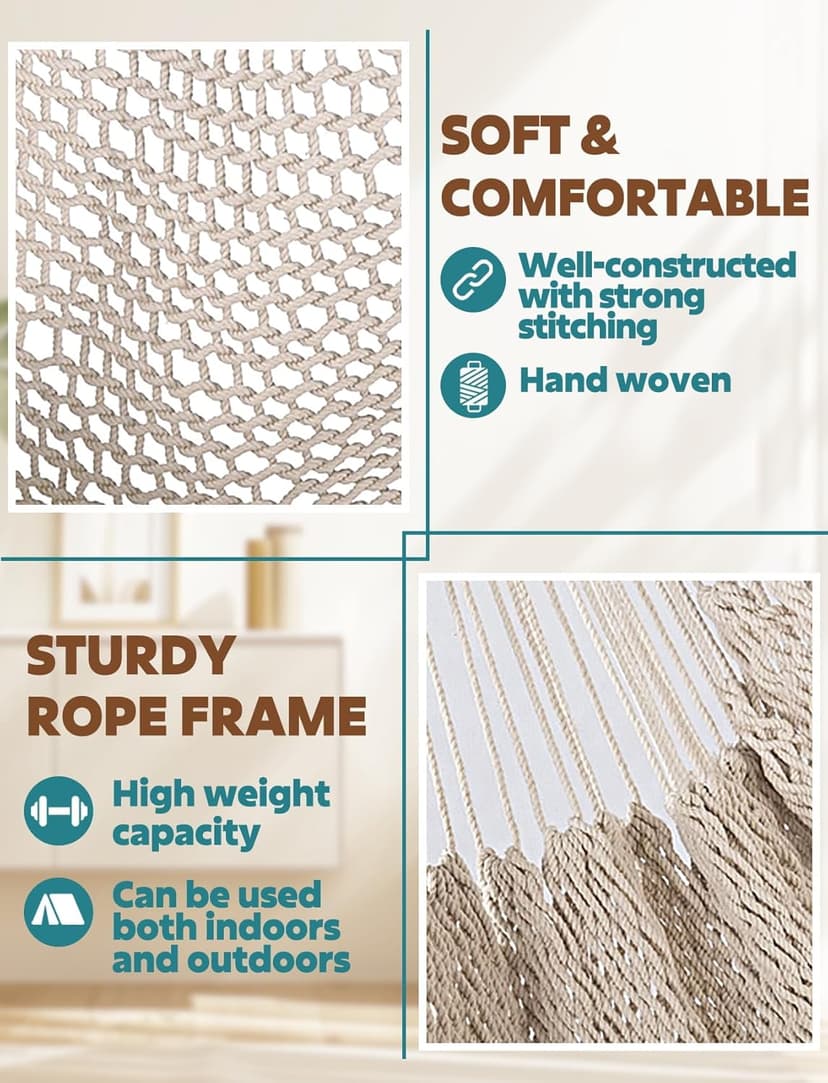 Chihee Hammock Chair Handmade Hanging Chair Cotton Rope Woven Hanging Seat Soft-Spun Large Stretch Hammock Swing, Collapsible Strong Metal Spreader Bar Elegant Macrame Comfort Indoor Outdoor Garden