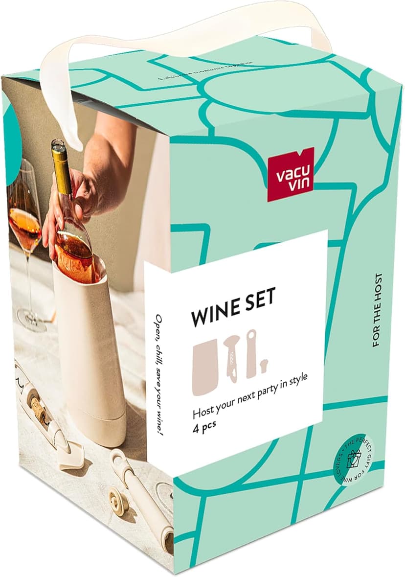 Vacu Vin Host Wine Set – Sand (4-Piece) – Gift-Worthy Wine Accessory Bundle with Cooler, Vacuum Saver, Twister Corkscrew & Drip-Free Server – Made from Recycled Material