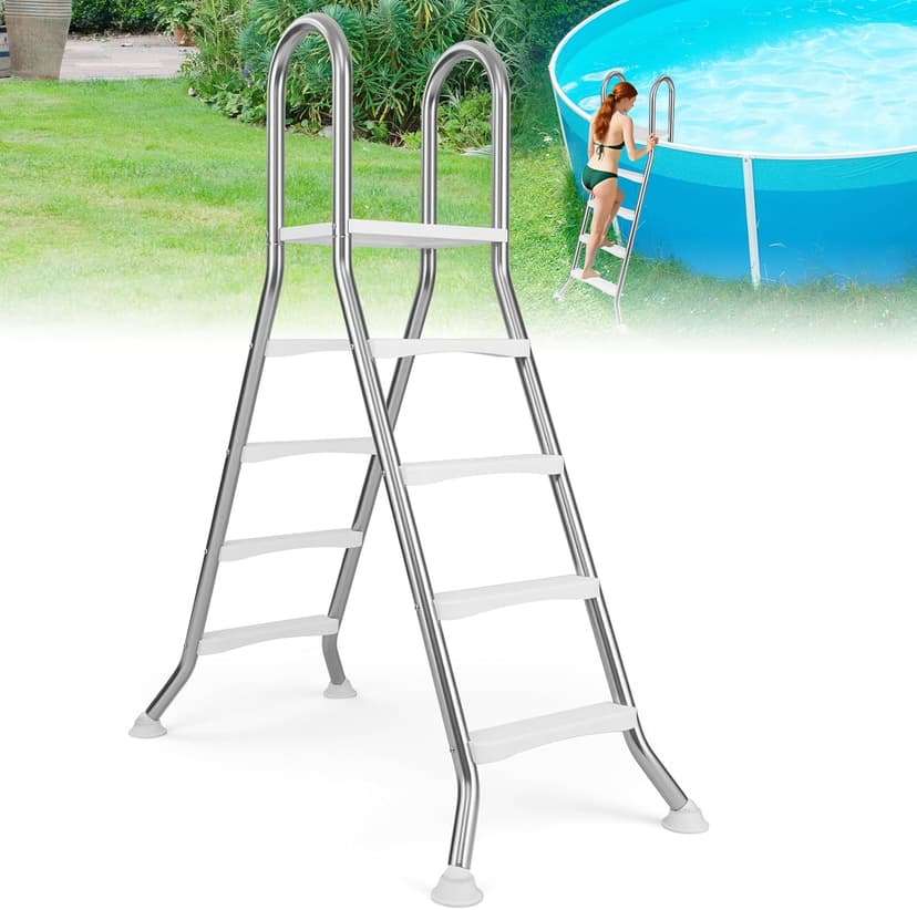 Goplus 4-Step Steel Frame Above Ground Swimming Pool Ladder for 55" Pool Wall Heights, Double-Sided Entry & Exit Ladder w/Non-Slip Steps, Top Platform, Rotating Foot Pads