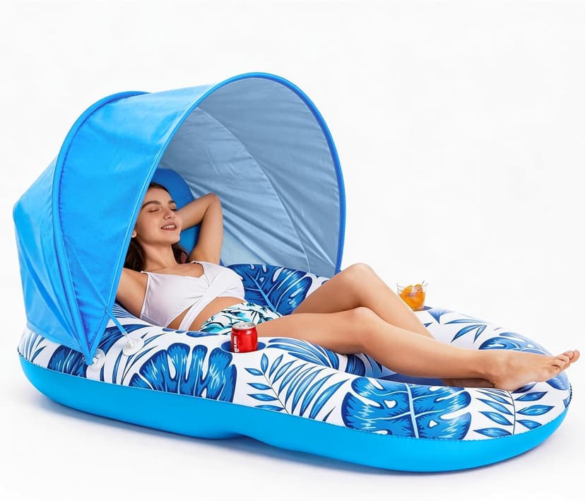 Jasonwell Pool Float with Canopy - Inflatable Pool Floaties Adult Lounger Floats Raft Floating Chair with Cup Holders for Swimming Pool Lake Water Lounge Float Beach Pool Party Toys for Adults