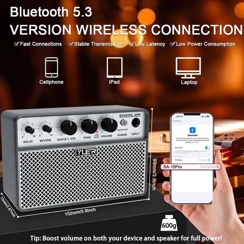 Yuer BA-10Pro 10W Acoustic Guitar Amp, Portable Vocal & Guitar Amplifier with Digital Delay/Reverb Effect Headphone Jack/OTG Wireless Small Guitars Amp for Recording, Practice, Travel with Carry Bag