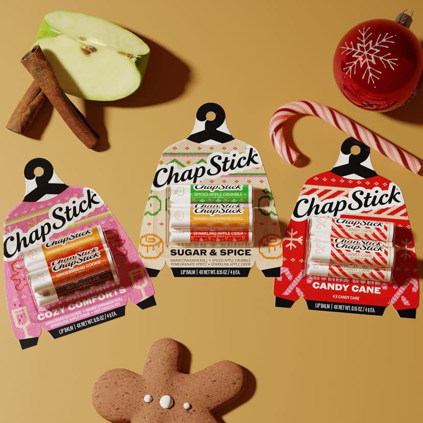 0.15 oz Each, Limited Edition Seasonal Stocking Stuffer, Peppermint Flavored, 24 Hour Moisture to Hydrate Dry, Chapped Lips ChapStick Candy Cane Flavored Lip Balm Sticks, Holiday Gift Set, 4-Pack B0GCQKBZMC
