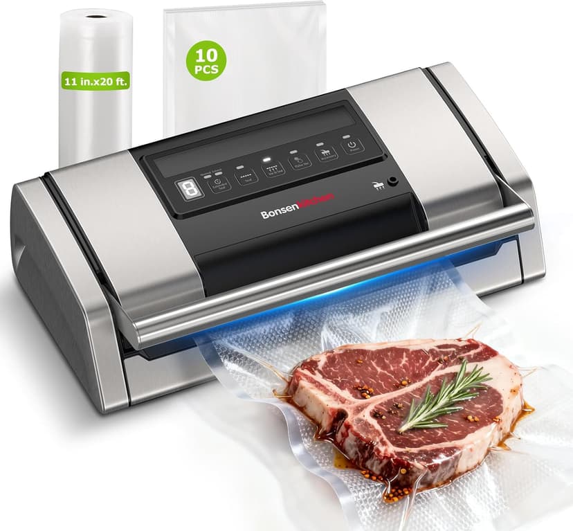 Bonsenkitchen Vacuum Sealer for Food, Easy-Lock Handle Vacuum Sealer Machine with Bag Clip, Built-in Cutter and Bag Storage for Sous Vide and Meal Prep, 1 Roll Bag & 10 Pre-Cut Bags, Silver