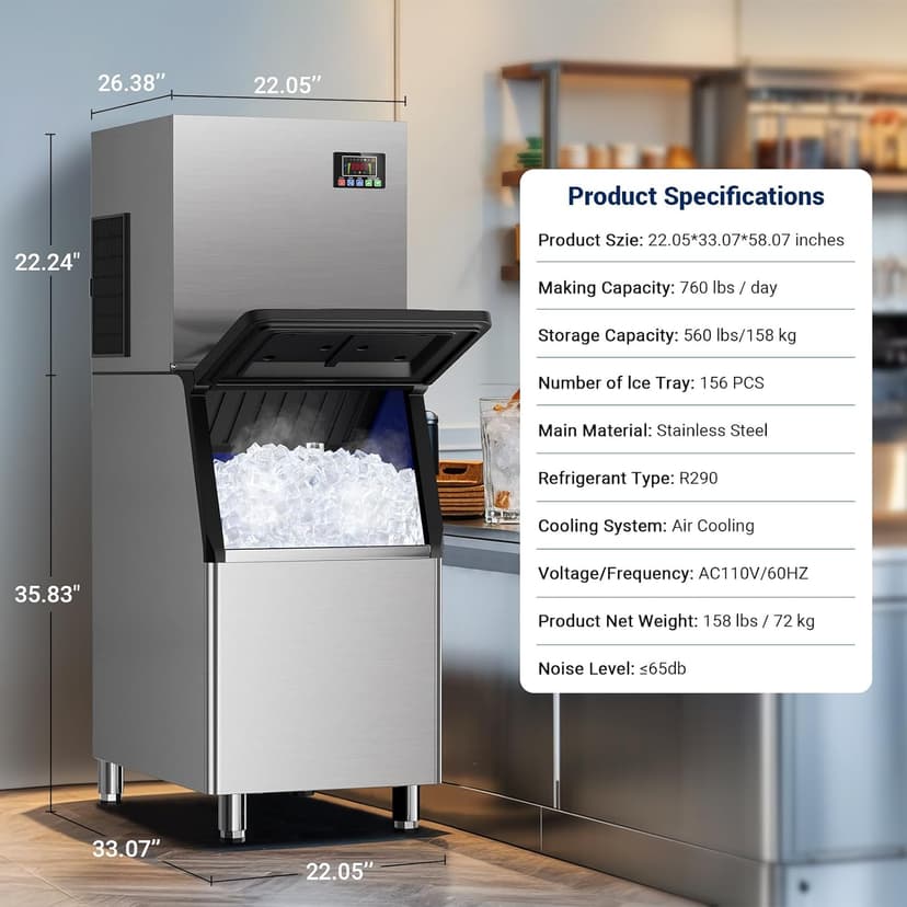 Commercial Ice Maker, 760 LBS/24h with 560 LBS Storage Bin, 156 Ice Cubes Ready in 5-15 min, Self Cleaning Stainless Steel Industrial Ice Machine for Bar Restaurant Cafe