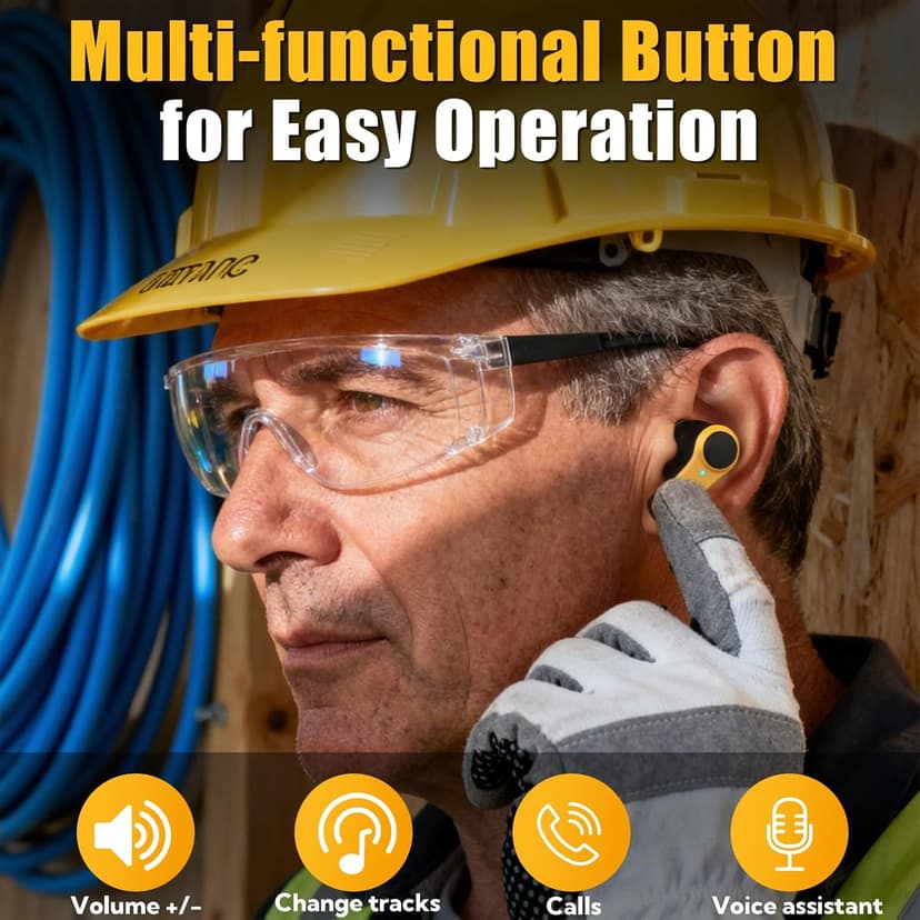 ToolFun Bluetooth 6.0 Jobsite Earbuds, 70H Playtime, IP56 Waterproof, 30dB SNR Noise Cancelling, ENC, Heavy Duty True Wireless Ear Buds for Outdoor Work, Construction with 12pcs Earplugs