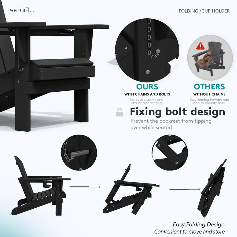 SERWALL HDPE Folding Adirondack Chair with Dual Cup Holder - Composite Adirondack Chair Set of 4- Black