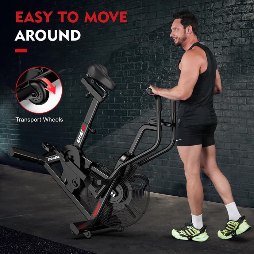 pooboo Exercise Bike, Stationary Bike for Home Gym, Air Resistance Bluetooth Fan Bike w/Dual Acction Handlebars & Dual-Layer Transmission System, Upright AirBike Indoor Cycling Bike for Cardio Workout