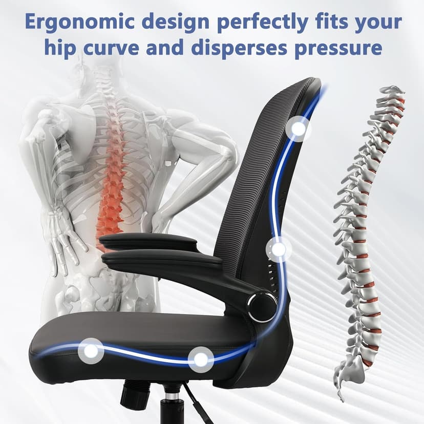CLATINA Desk Chairs with PU Leather Seat, Flip Up Arms Ergonomic Mesh Back Office Chair with Lumbar Support, Adjustable Height Swivel Rolling Computer Chairs for Home Conference Meeting, Black, 8 Pack