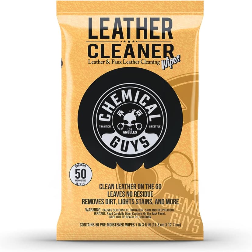Chemical Guys Leather Cleaner Wipes Mega 50 Pack - Interior Leather Wipes for Cars, Natural, Synthetic, Faux & Pleather Surfaces, Safe for Cars, Trucks, Furniture, Boots & More, Convenient 50 Count